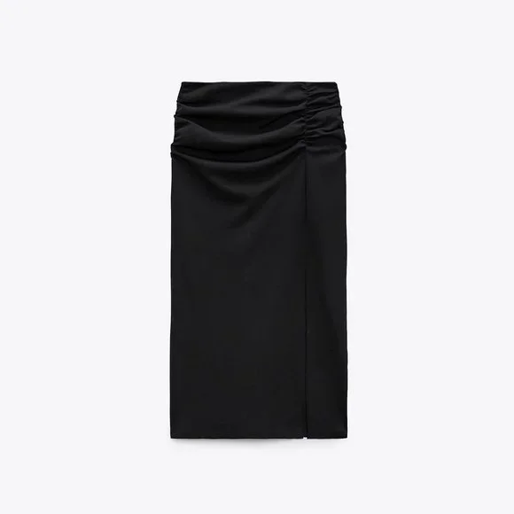 NWT ZARA RUCHED MIDI SKIRT BLACK - Picture 3 of 5